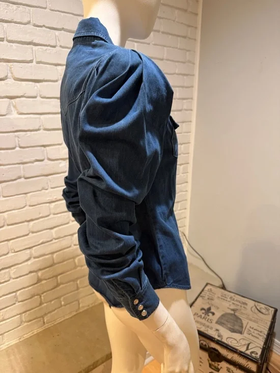 Torn by Ronny Kobo Chambray Denim Blouse S NWT Structured Chic Mutton Sleeve - Picture 13 of 16